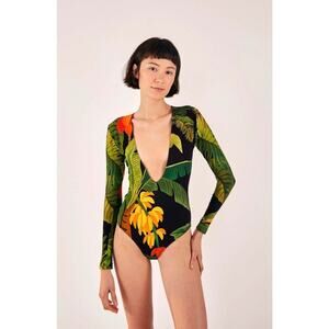 Farm Rio Cocoa Forest Palm Tropical Print Plunge V-Neck Long Sleeve Bodysuit S